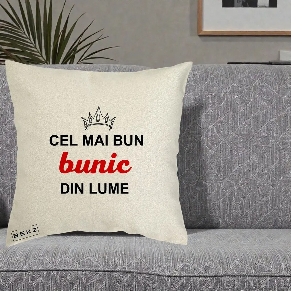Cadou pentru Bunic - Perna Personalizata Cel Mai Bun Bunic Din Lume Coroana Rosu, 40x40 cm, Ecru, Husa Detasabila, Perna Inclusa, BEKZ®