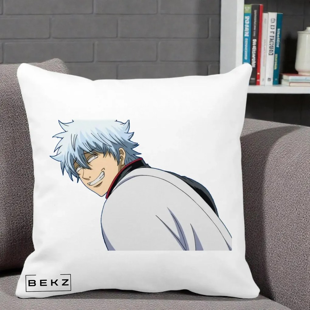 Perna Personalizata Gintama Gintoki Portret cu Zambet, 40x40 cm, Alba Mata, Husa Detasabila, Perna Inclusa, BEKZ®