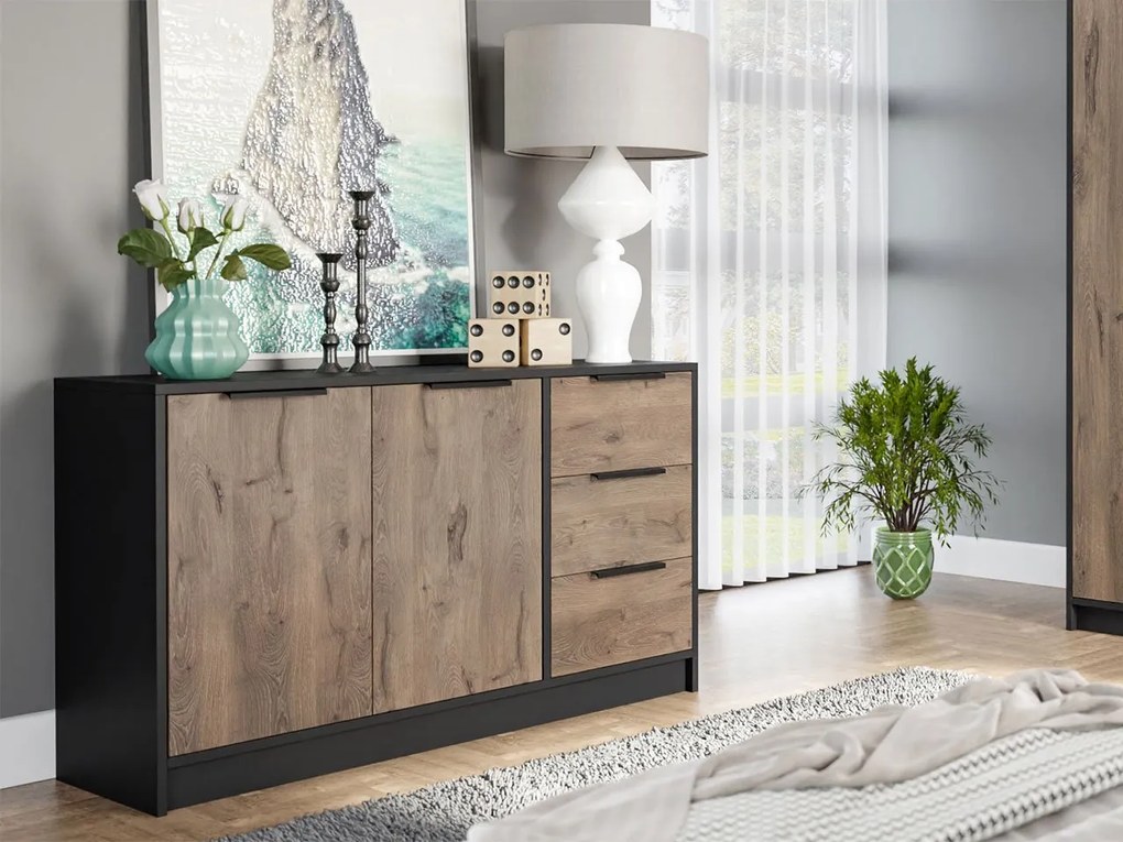 Comodă Pengasa 2D3S (Negru + Stejar viking) . 1103666