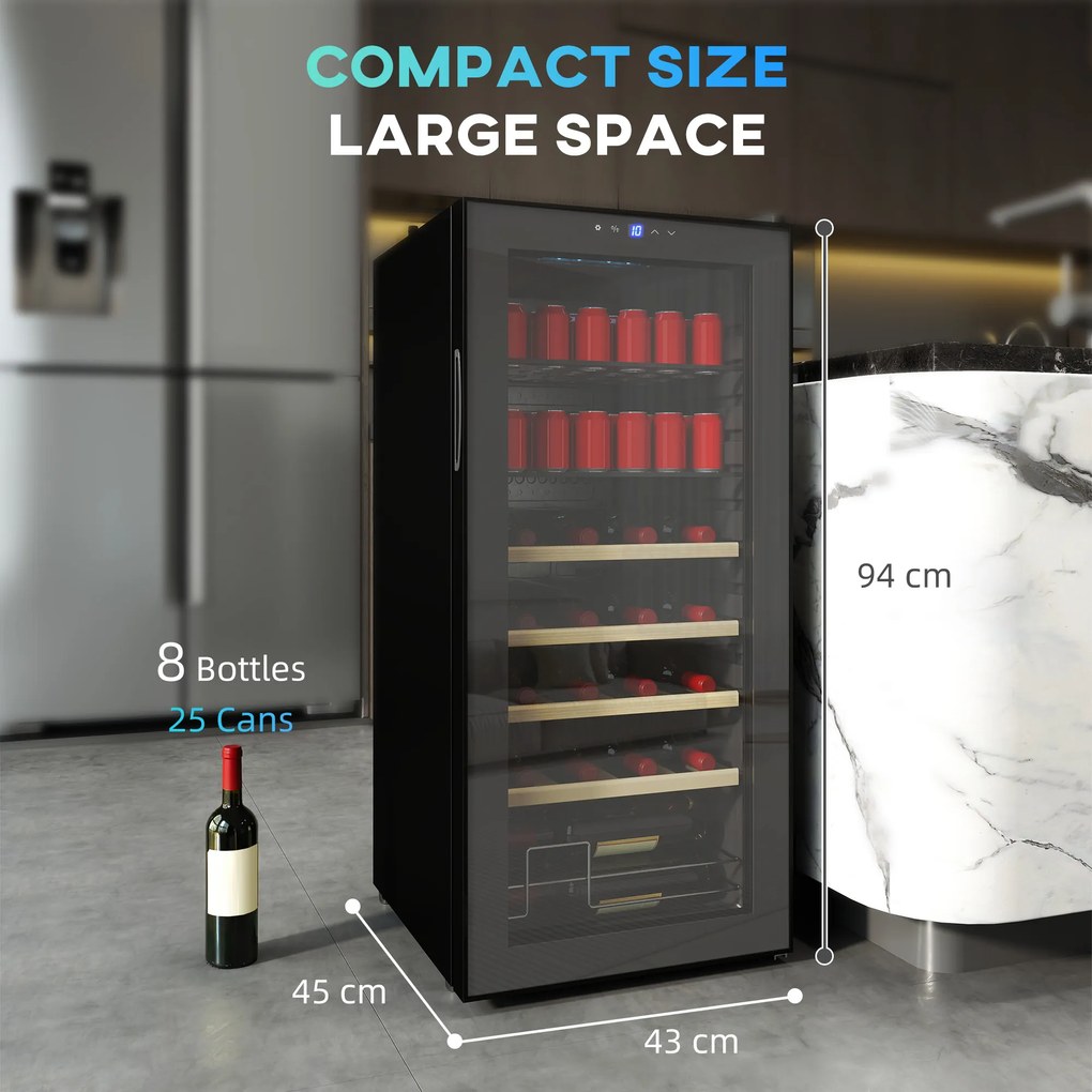 HOMCOM Vitrină Frigorifică pentru Vinuri 20 Sticle 92L, Temperatura Reglabilă 5-18℃, Frigider Vinuri Silențios cu Sticlă Anti-UV, Rafturi, Compresor, Display Touch și LED, Clasa G | Aosom Romania
