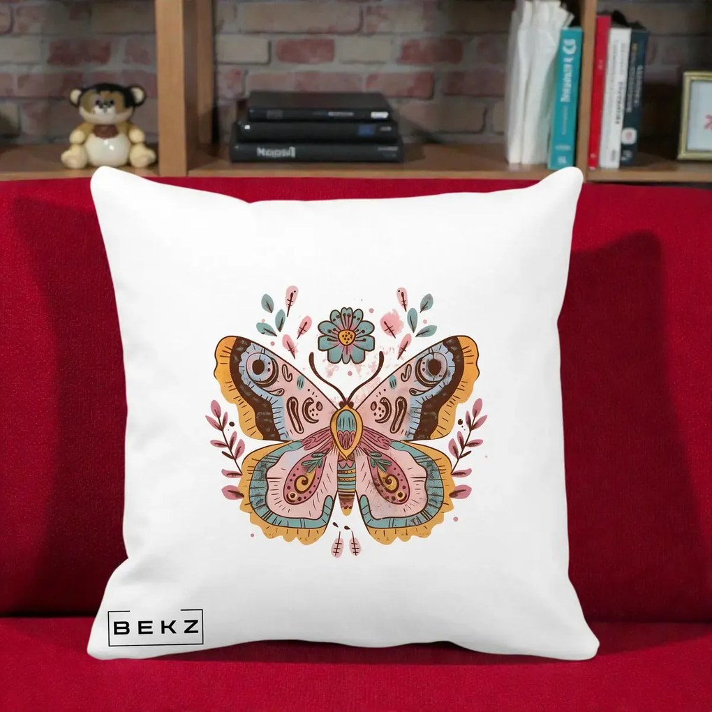 Perna Decorativa Fluture Boho Floral, 40x40 cm, Alba Mata, Husa Detasabila, Perna Inclusa, BEKZ®