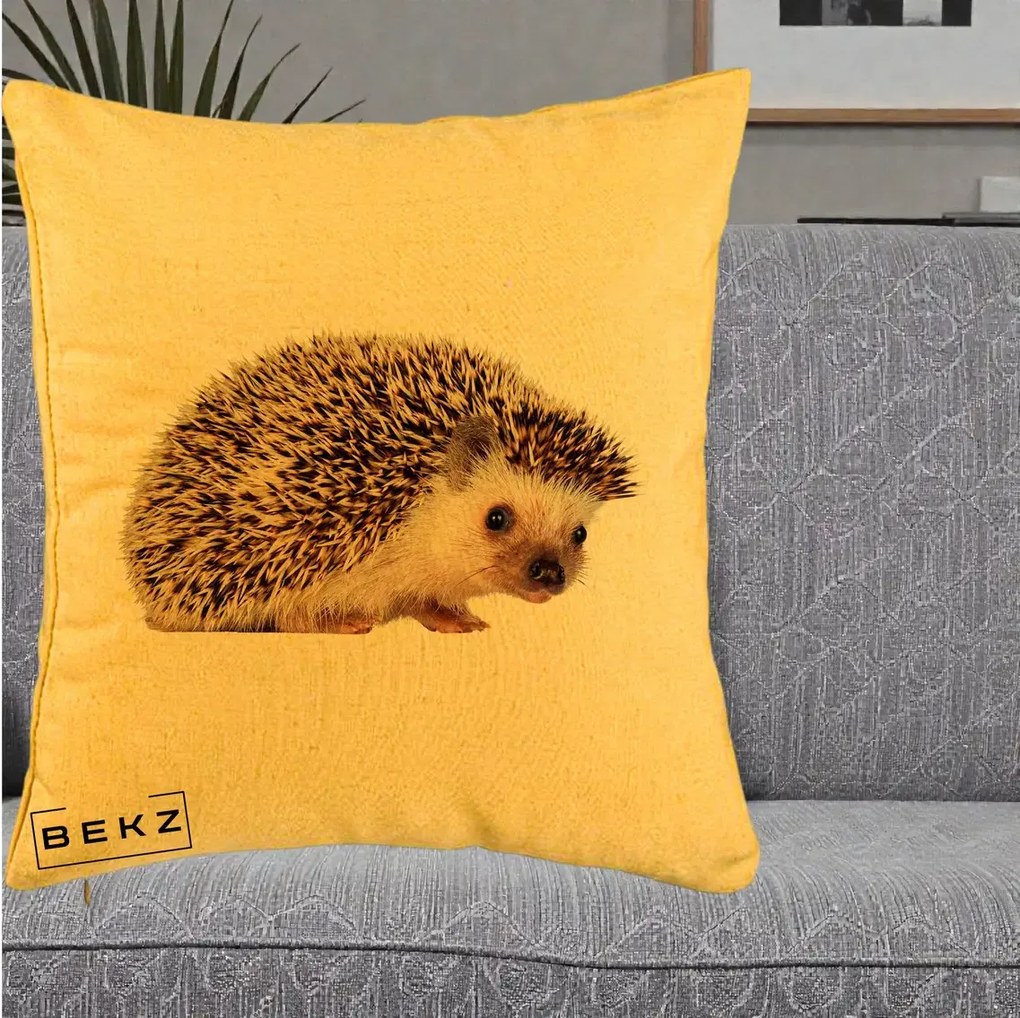 Perna Decorativa Arici Fotorealist, 40x40 cm, Galben, Husa Detasabila, Perna Inclusa, BEKZ®