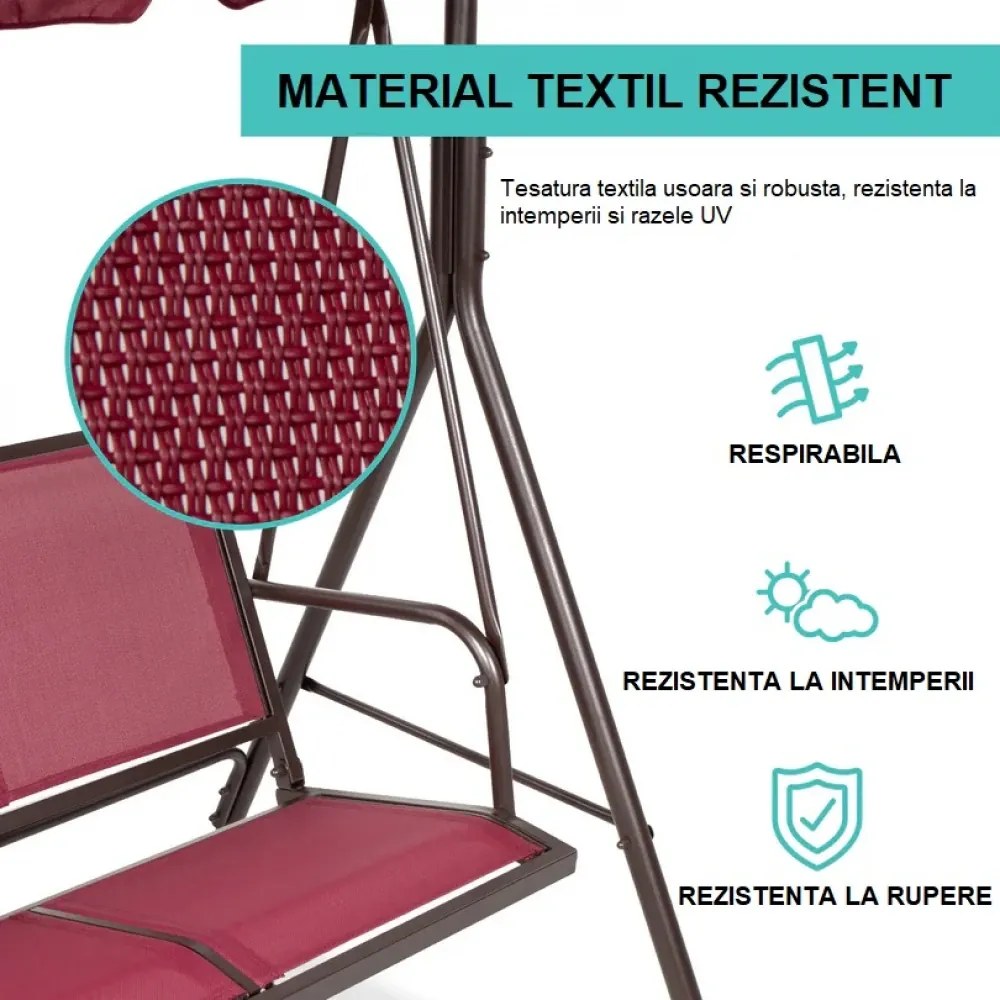 Balansoar de grădină, 3 locuri, cu baldachin și cadru din oțel, Burgundy