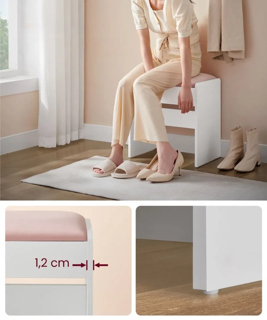 Taburet/scaun tapițat VELVET pentru masa de toaletă, 45×45×28,6 cm, alb/roz Vasagle