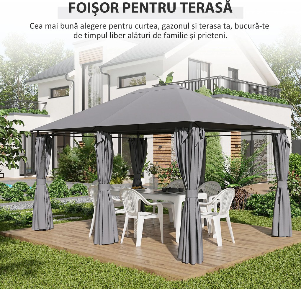 Outsunny 3x4 m Gazebo de Exterior din Oțel cu 6 Perdele Detașabile și Orificii de Drenaj, Gri | Aosom Romania