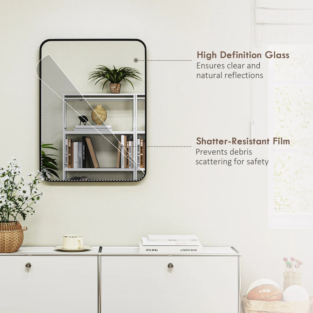 HOMCOM Oglindă de Baie 60 x 80 cm Oglindă Decorativă de Perete cu Ramă Metalică și Cârlig Ușor de Agățat pentru Sufragerie, Hol, Intrare - Negru | Aosom Romania