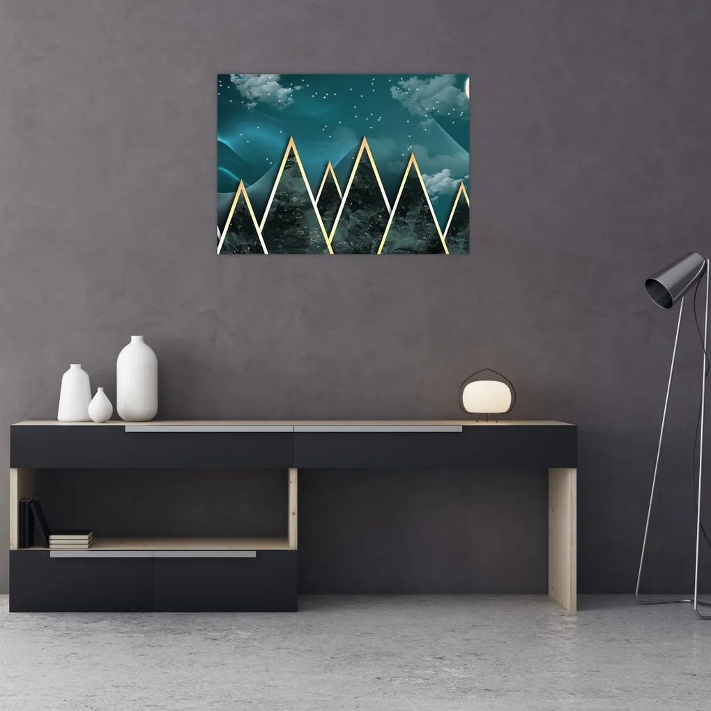 Tablou pe sticlă - Lună plină deasupra munțiilor aurii (70x50 cm)