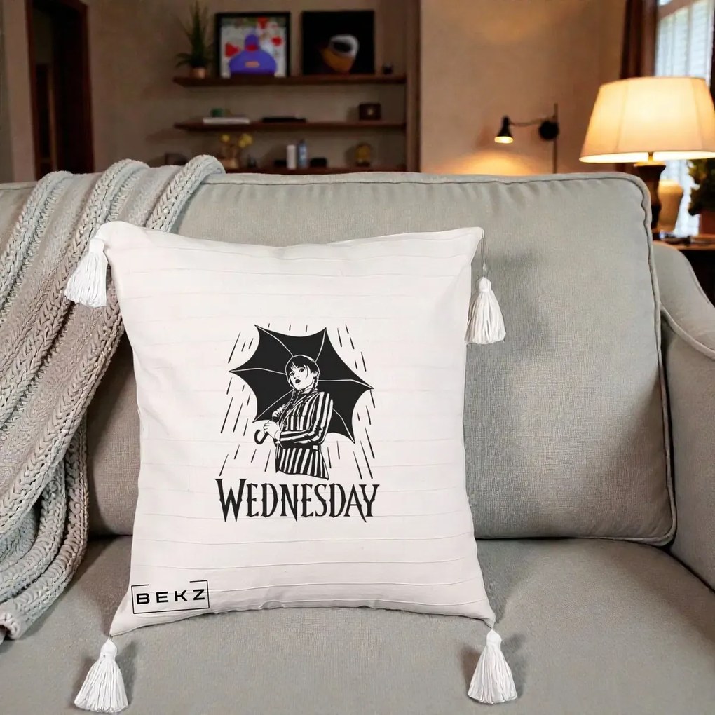 Perna Personalizata Wednesday cu Umbrela Ploaie Lineart, 40x40 cm, Bej cu Franjuri, Husa Detasabila, Perna Inclusa, BEKZ®