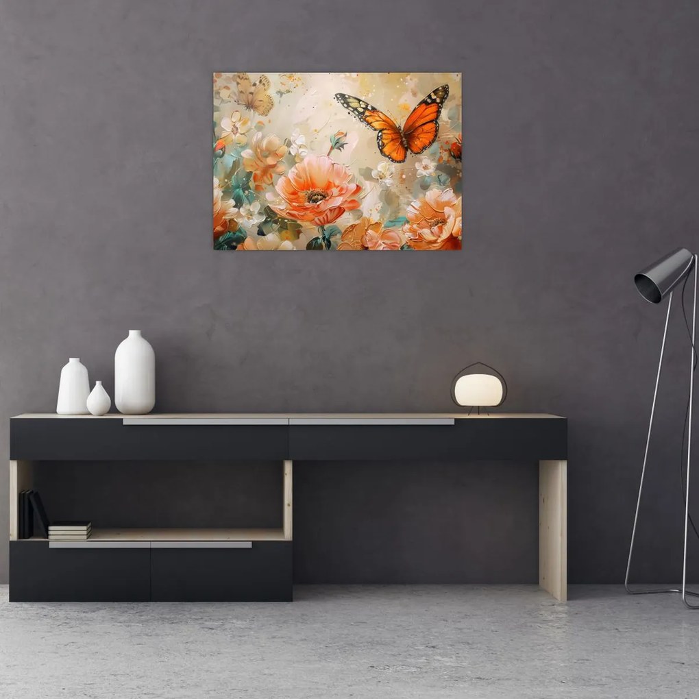 Tablou pe sticlă - Fluture și flori, pictură în ulei (70x50 cm)