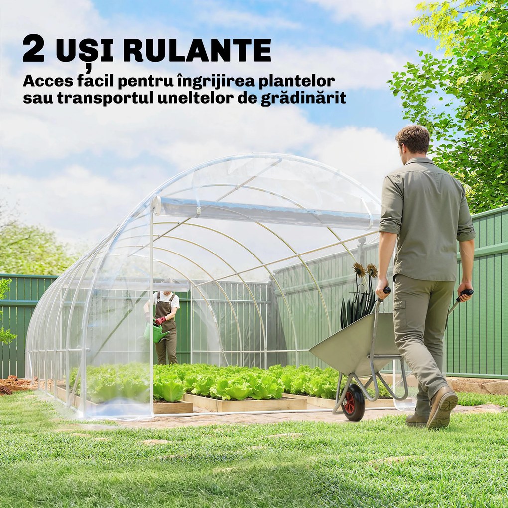 Outsunny Seră de Grădină Tip Tunel 3x6x2 m cu 2 Uși Rulabile, Cadru din Oțel și Acoperire din PE, pentru Legume, Fructe, Flori, Anti-UV, Transparentă | Aosom Romania