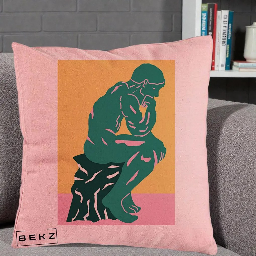 Perna Decorativa Ganditorul Sculptura Pop Art, 40x40 cm, Roz, Husa Detasabila, Perna Inclusa, BEKZ®