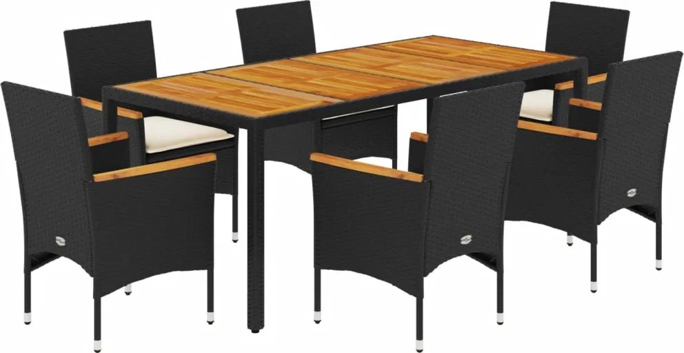 vidaXL Set mobilier grădină perne 7 piese negru poliratan/lemn acacia