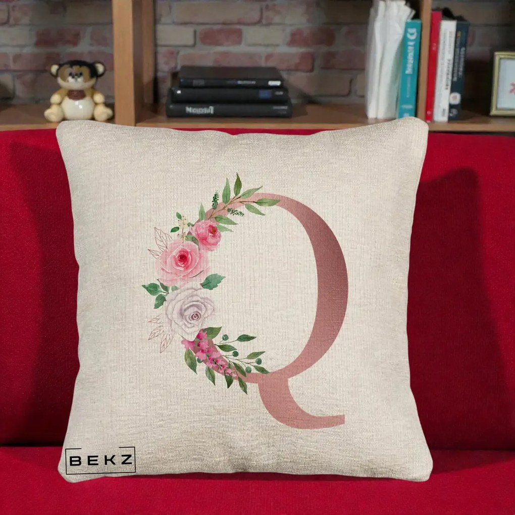 Cadou Personalizat - Perna Personalizata Monograma Rose Gold Litera Q, 40x40 cm, Bej Canapea, Husa Detasabila, Perna Inclusa, BEKZ®