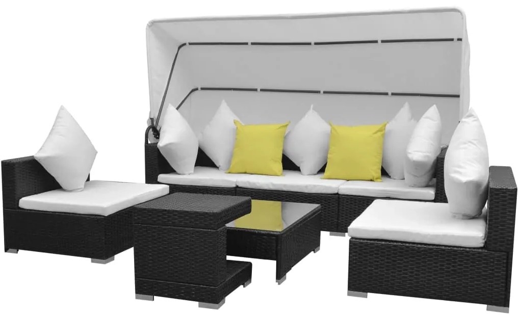 vidaXL Set mobilier de grădină cu baldachin, 7 piese, negru, poliratan
