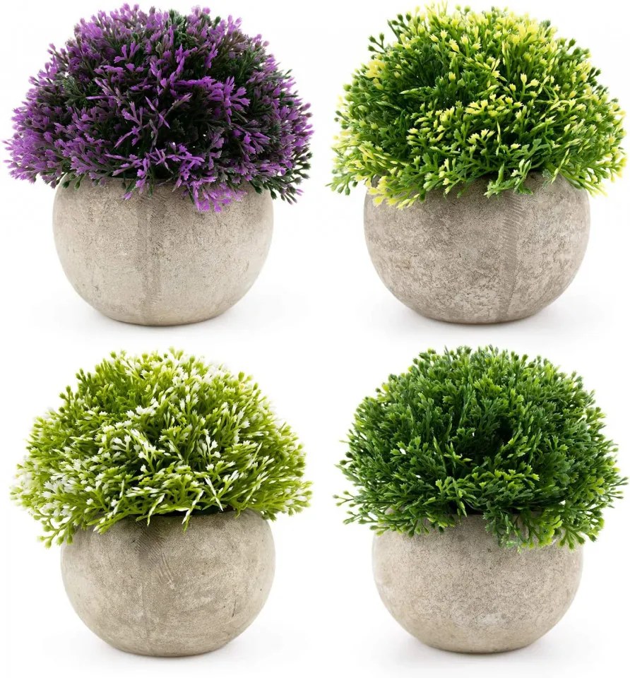 Set de 4 plante artificiale in ghiveci Fasmov, plastic, bej/verde/violet, 9 x 12 cm