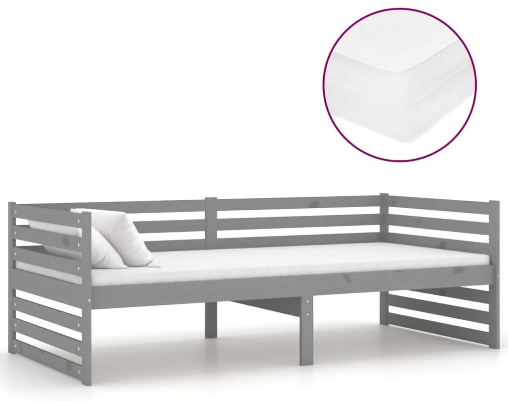 3083646 vidaXL Pat de zi cu saltea, gri, 90x200 cm, lemn masiv de pin
