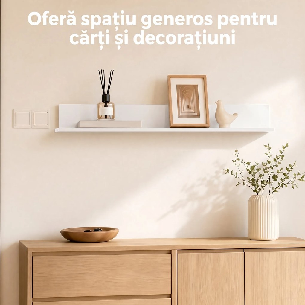 HOMCOM Etajeră de Perete pentru Living și Dormitor, Grosime 1,5 cm, Raft Suspendat din Lemn, 127x12x18 cm, Alb Lucios | Aosom Romania