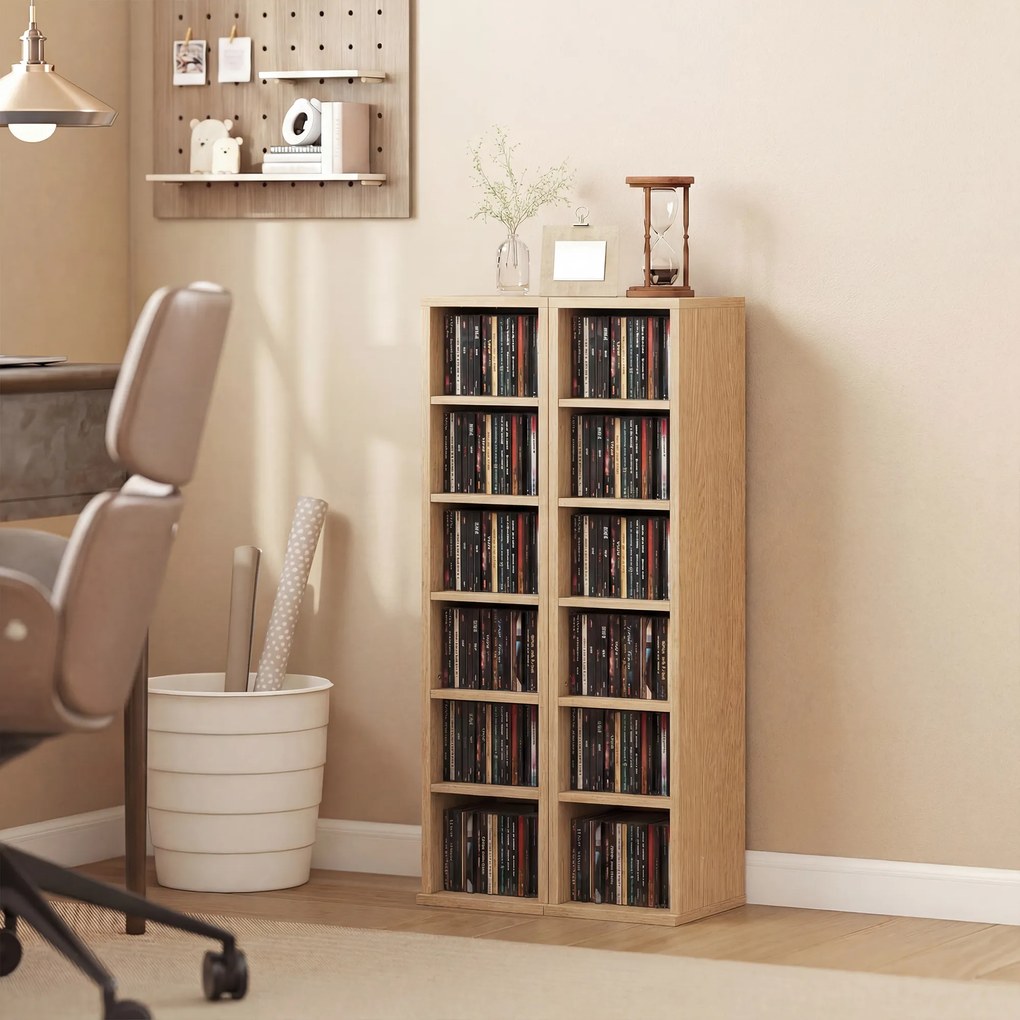 HOMCOM Set de 2 Mobili Suport CD cu Polițe Reglabile, Raft pentru 204 CD-uri Compact, Mobilier cu 12 Compartimente, pentru Living, Dormitor, Birou, 21x22,5x88,5cm, Culoare Lemn | Aosom Romania