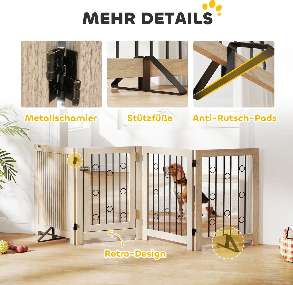 PawHut Poartă independentă pentru animale de companie, poartă pentru câini cu ușă, 4 panouri, pentru hol, scară, intrare, MDF, oțel | Aosom Romania