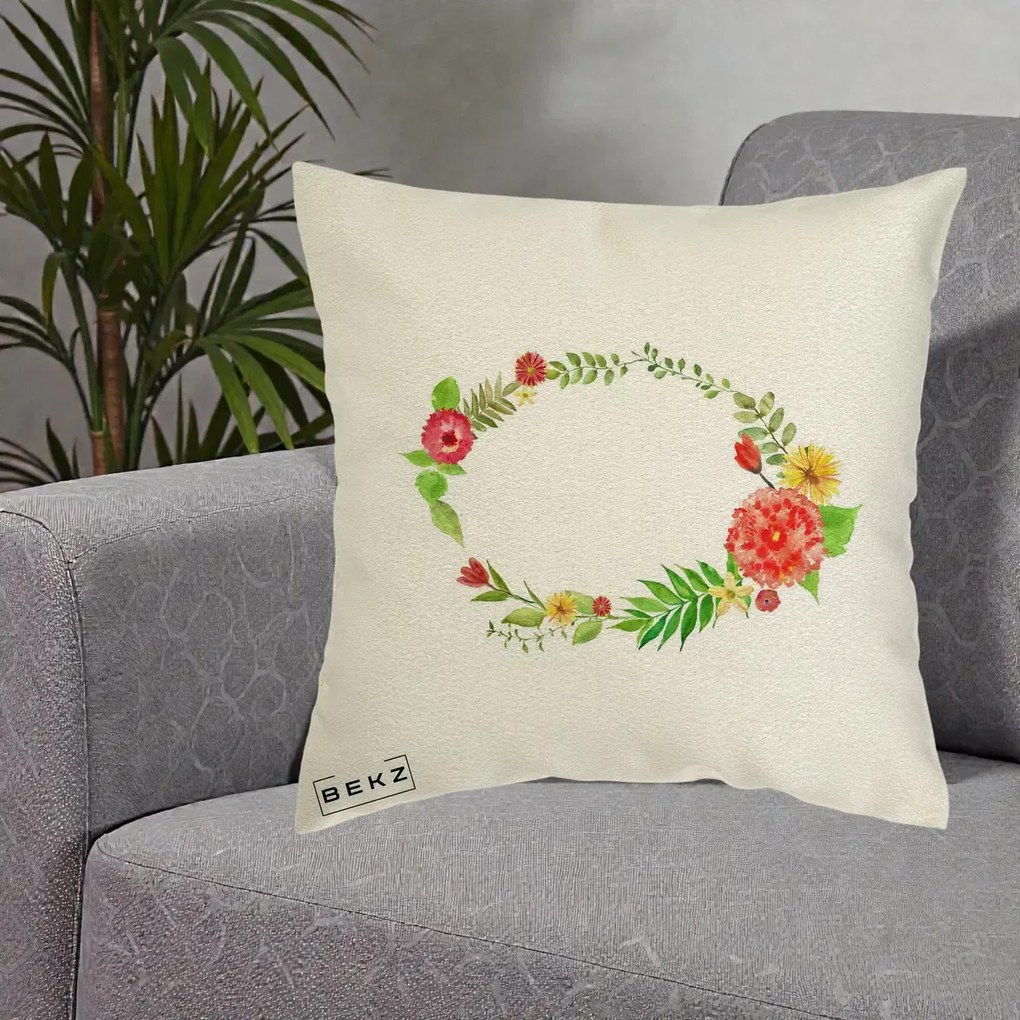 Perna Decorativa Coroana Florala Acuarela, 40x40 cm, Ecru, Husa Detasabila, Perna Inclusa, BEKZ®