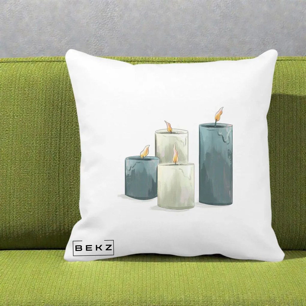 Perna Decorativa Lumanari Hygge Alb-Verde, 40x40 cm, Alba Mata, Husa Detasabila, Perna Inclusa, BEKZ®