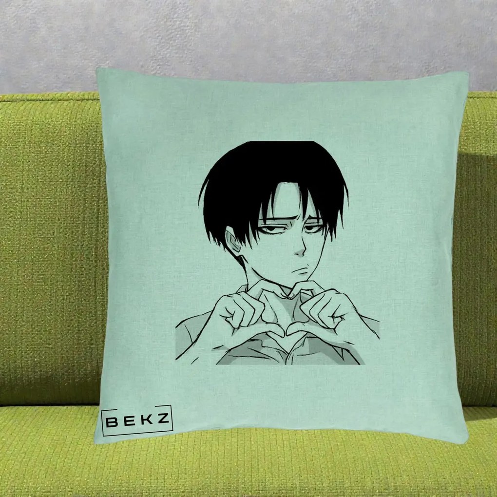 Perna Personalizata Levi Ackerman Inima, 40x40 cm, Verde Menta, Husa Detasabila, Perna Inclusa, BEKZ®