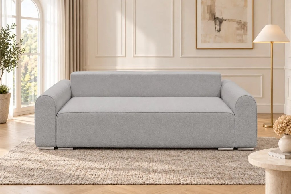 Canapea extensibilă Fiorella din boucle, gri deschis, cu ladă de depozitare