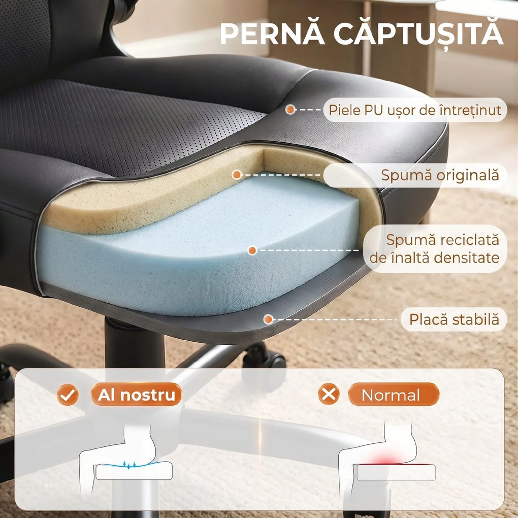 HOMCOM Scaun de Birou Rotativ, Funcție de Balansare, Suporturi Rabatabile pentru Brațe, Spătar Înalt, Înălțime Reglabilă, Negru | Aosom Romania