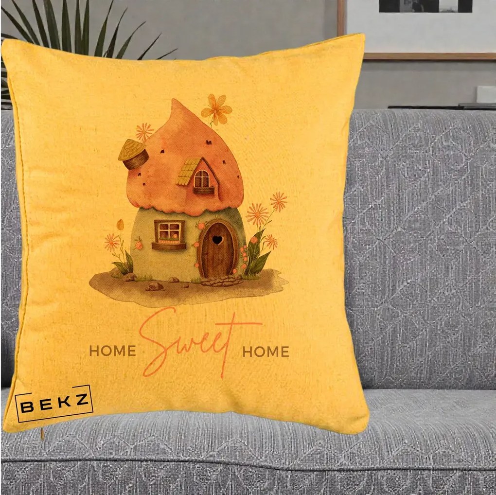 Perna Decorativa Home Sweet Home Casuta, 40x40 cm, Galben, Husa Detasabila, Perna Inclusa, BEKZ®