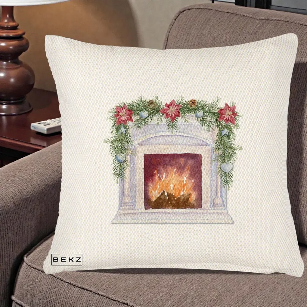 Perna Decorativa Semineu de Craciun Watercolor, 40x40 cm, Crem Reliefat, Husa Detasabila, Perna Inclusa, BEKZ®