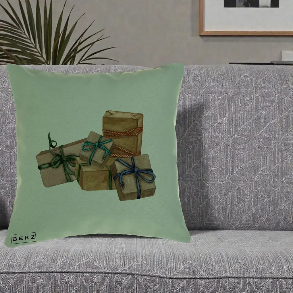 Perna Decorativa Cadouri de Craciun Kraft, 40x40 cm, Verde, Husa Detasabila, Perna Inclusa, BEKZ®