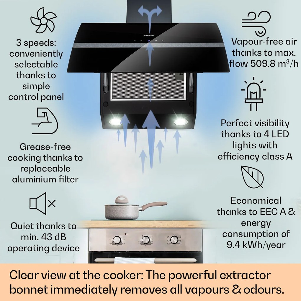 Klarstein Clara 60, hotă, 509 m³/h, ecran tactil, iluminare ambientală