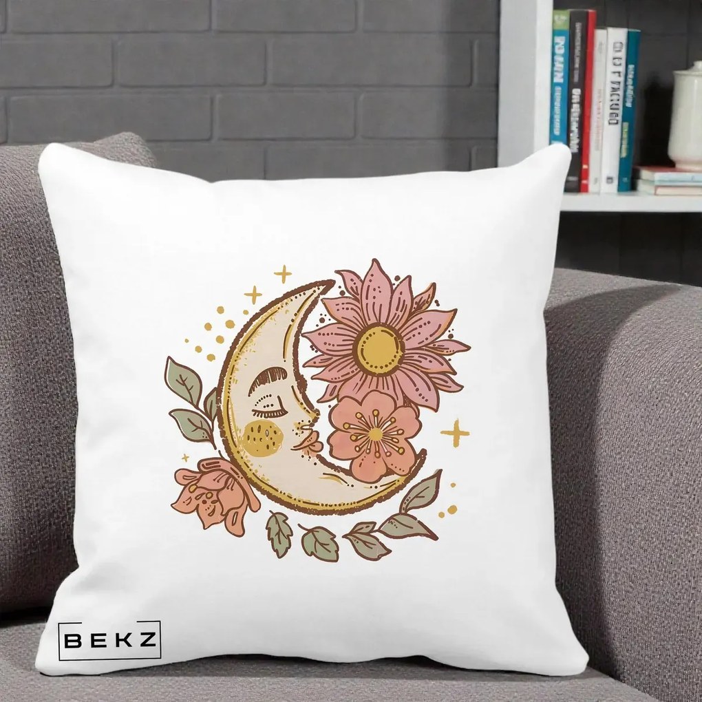 Perna Personalizata Luna Boho Chip Floral, 40x40 cm, Alba Mata, Husa Detasabila, Perna Inclusa, BEKZ®