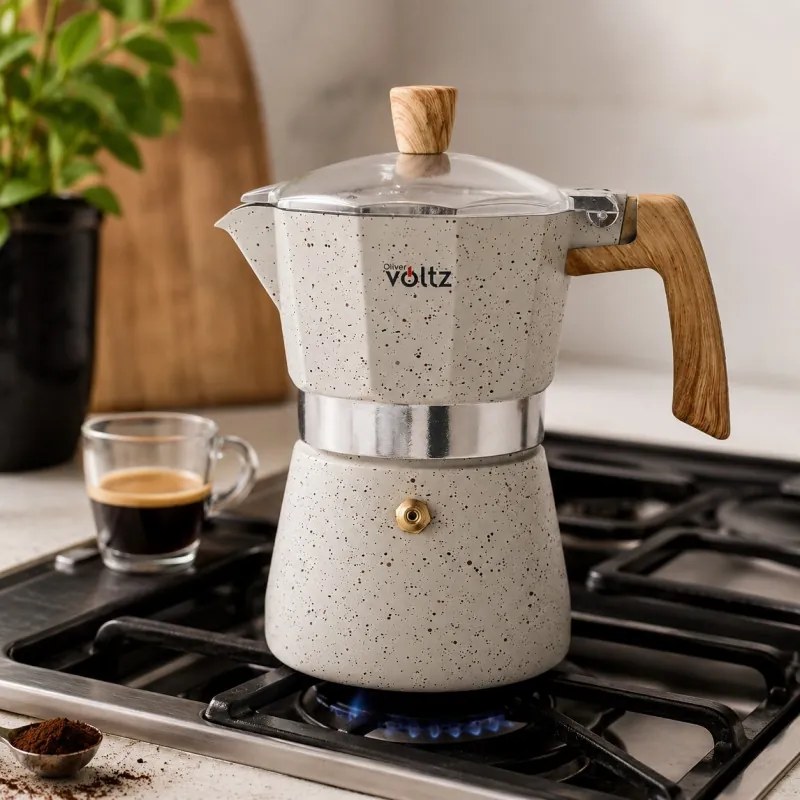 Cafetiera cubaneza Oliver Voltz Verona OV51173I3, 3 cesti, Aluminiu, Inductie, Crem