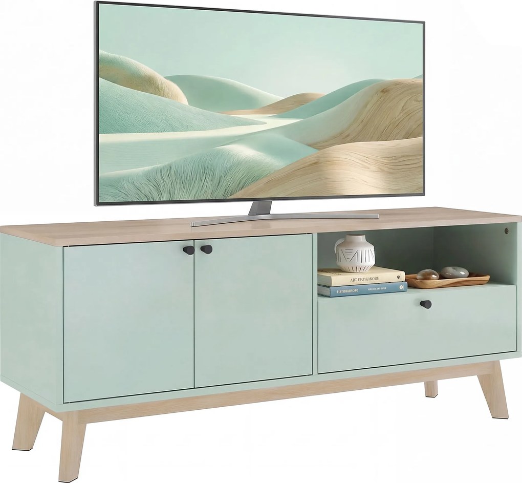 HOMCOM Comodă TV 120 cm, corp TV pentru televizoare până la 91,4 cm cu 2 uși, sertar, compartiment deschis, verde deschis | Aosom Romania