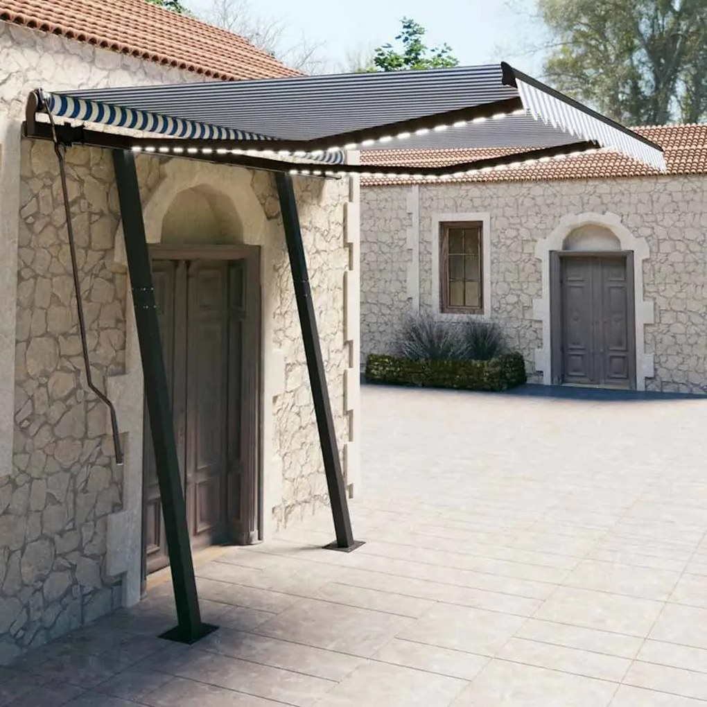 vidaXL Copertină retractabilă manual cu LED, albastru&amp;alb, 3x2,5 m