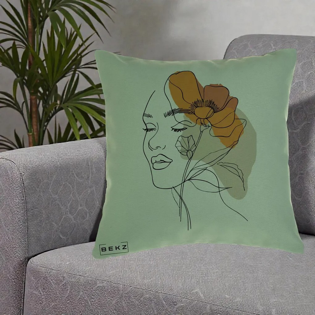 Perna Decorativa Portret Feminin Mac Mare Portocaliu, 40x40 cm, Verde, Husa Detasabila, Perna Inclusa, BEKZ®