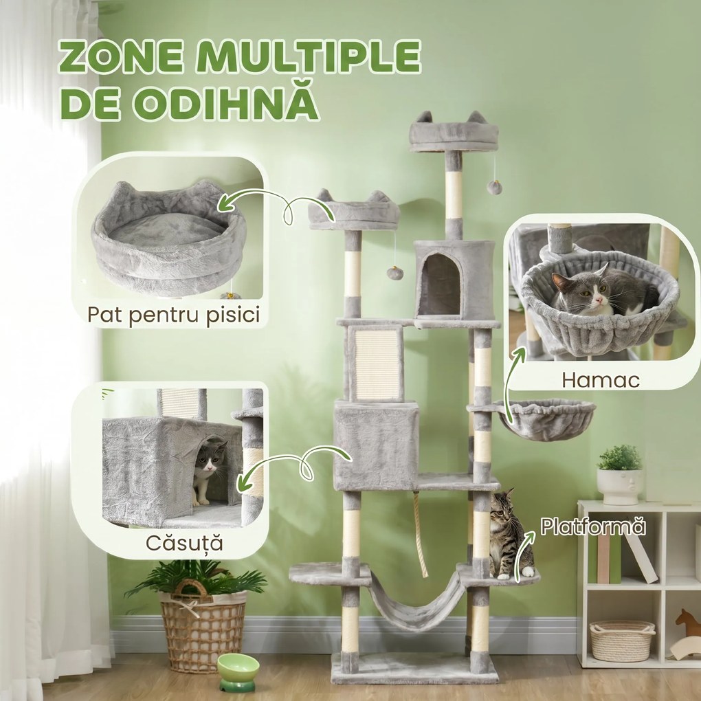 PawHut Ansamblu de Zgâriat pentru Pisici, 206 cm, cu Stâlpi din Sisal, Căsuțe și Hamace, Gri Închis | Aosom Romania