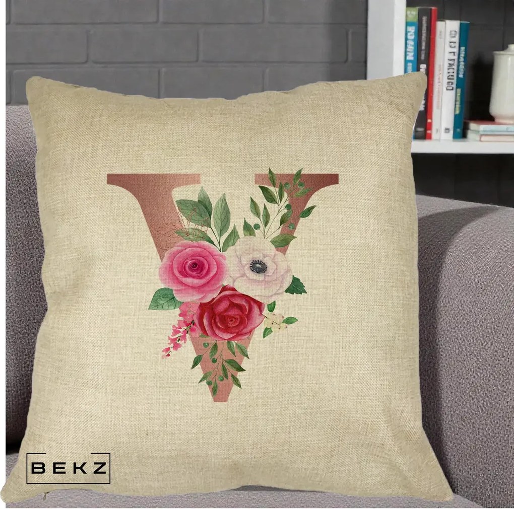 Cadou Personalizat - Perna Personalizata Monograma Rose Gold Litera V, 40x40 cm, Crem, Husa Detasabila, Perna Inclusa, BEKZ®