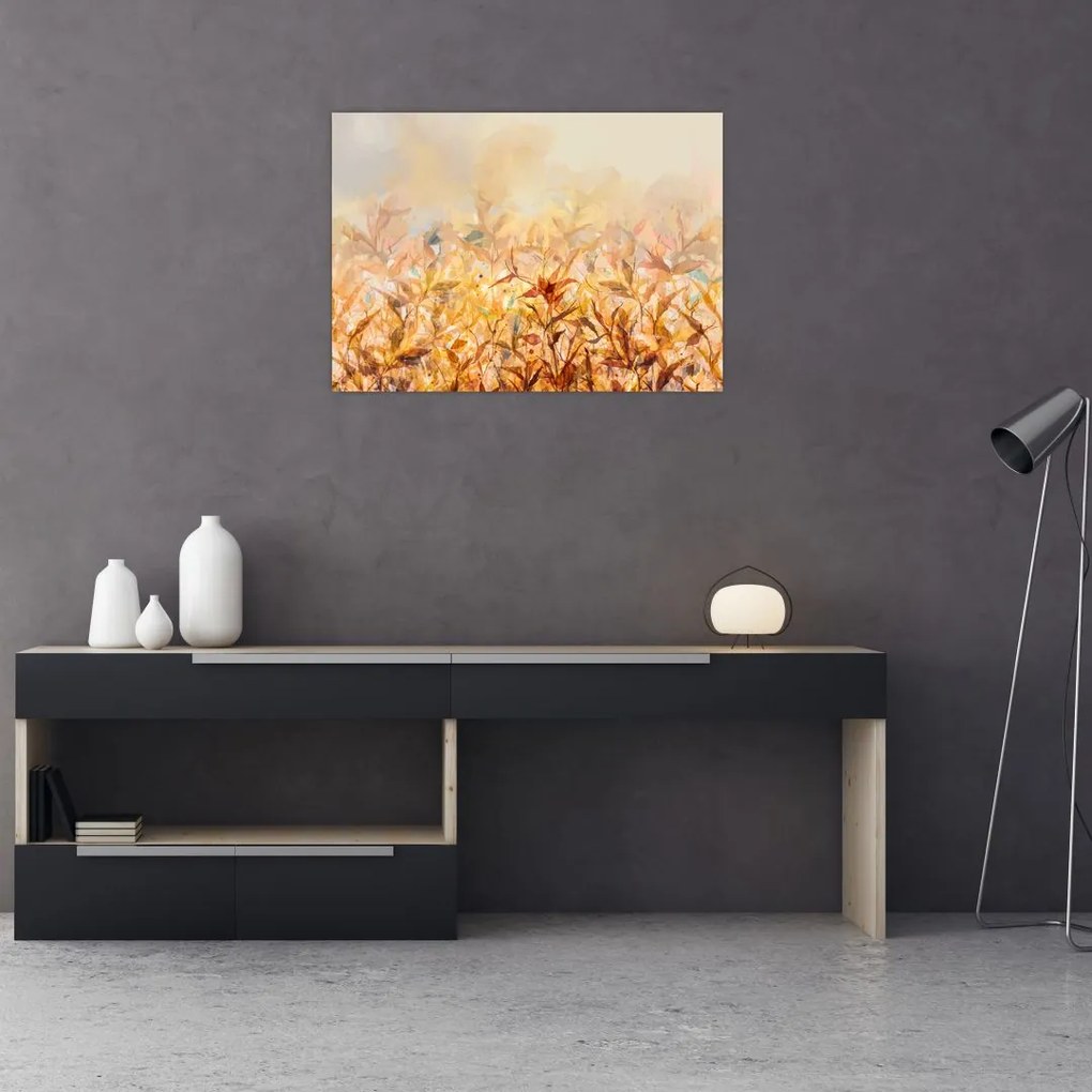 Tablou pe sticlă - Frunze în culori de toamnă, pictură în ulei (70x50 cm)