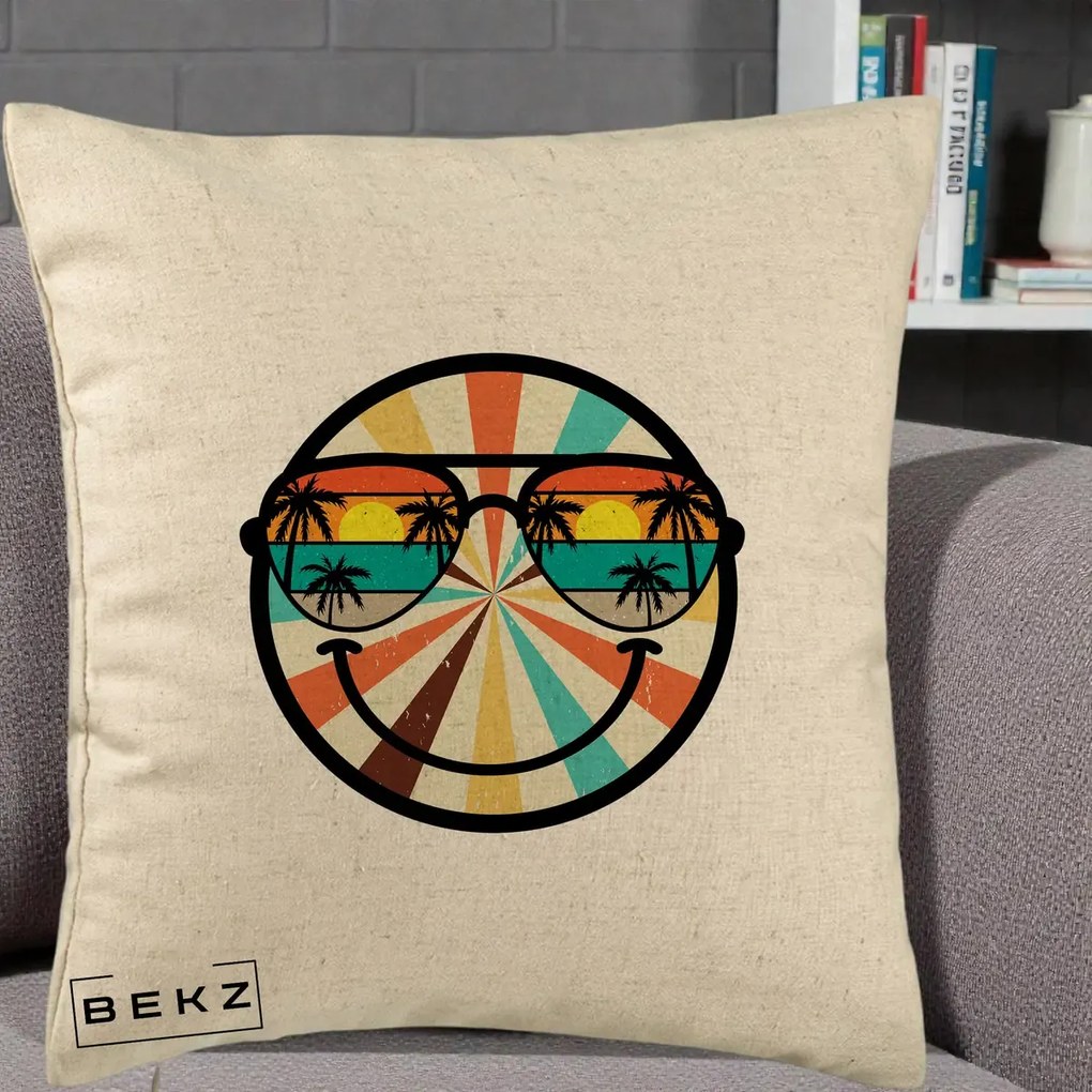Perna Decorativa Smiley Face Retro Sunset Palmieri, 40x40 cm, Bej, Husa Detasabila, Perna Inclusa, BEKZ®