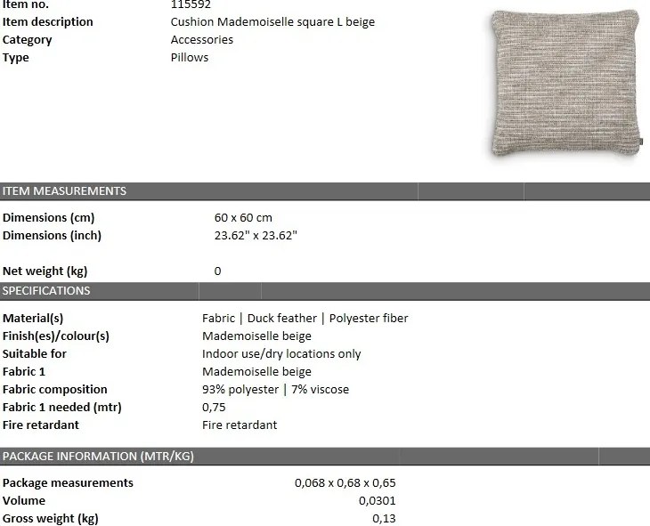 Perna decorativa LUX Mademoiselle Square L, bej 115592 HZ