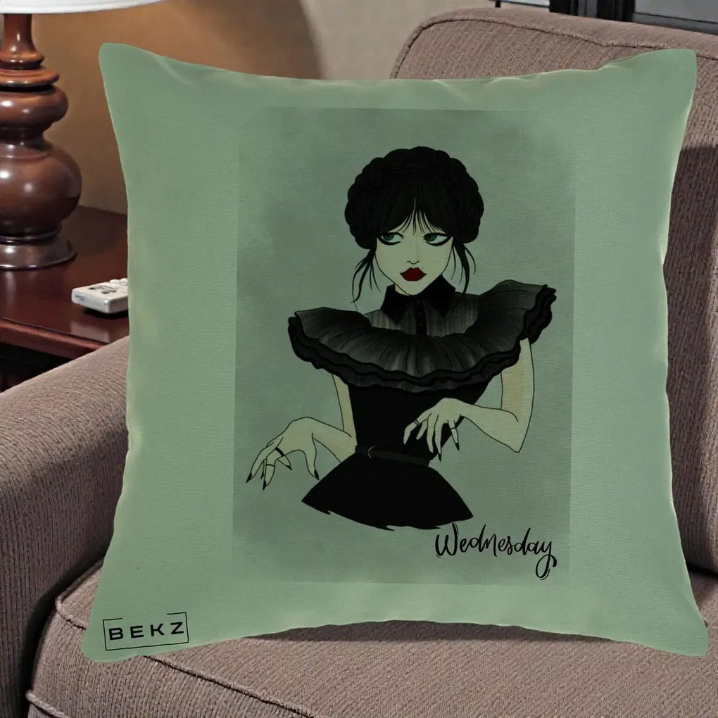 Perna Personalizata Wednesday Addams Portret Gotic, 40x40 cm, Verde, Husa Detasabila, Perna Inclusa, BEKZ®