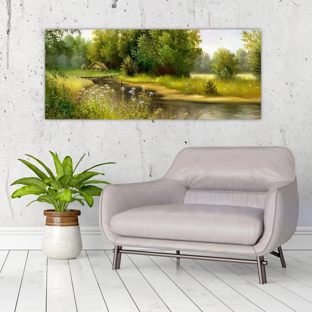 Tablou - Râu lângă pădure, pictură în ulei (120x50 cm)