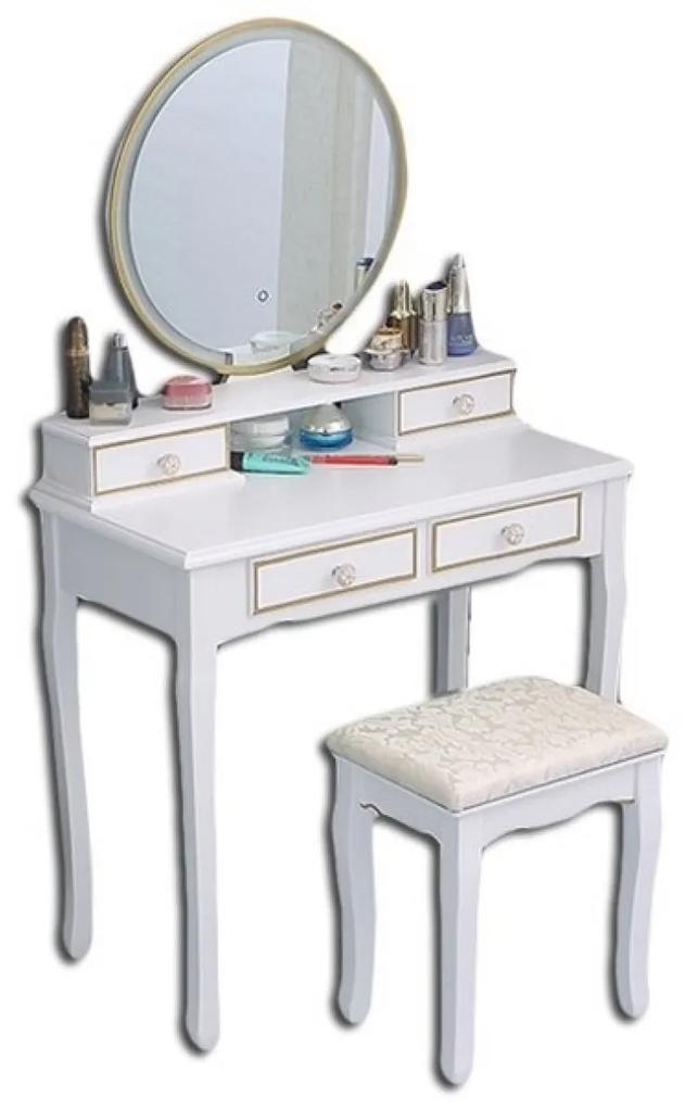 Set Olivia, Masă de toaletă pentru machiaj cu oglindă iluminată LED, 4 sertare, scaun, Alb