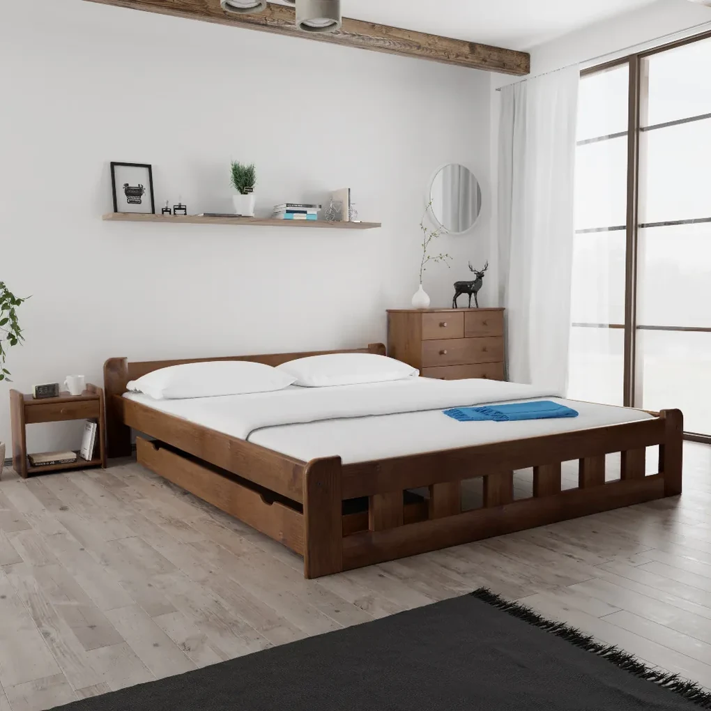 Pat inalt Naomi 180x200 cm, stejar Saltele: Cu saltele Somnia 18 cm, Somiera pat: Cu lamele drepte