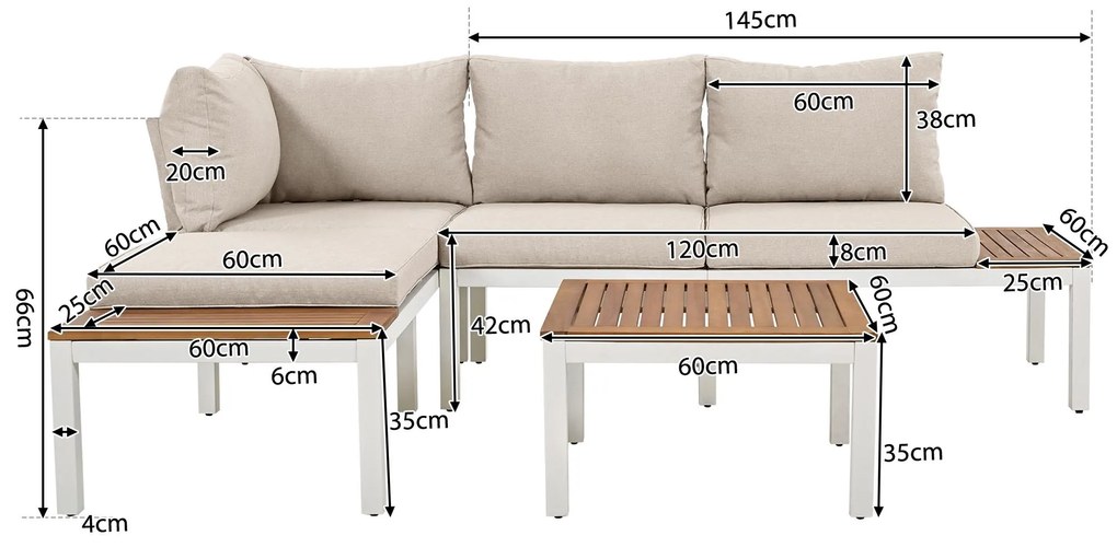 Set mobilier de grădină, cu 2x canapele de două locuri, 2x mese auxiliare, 1x masă, Bej