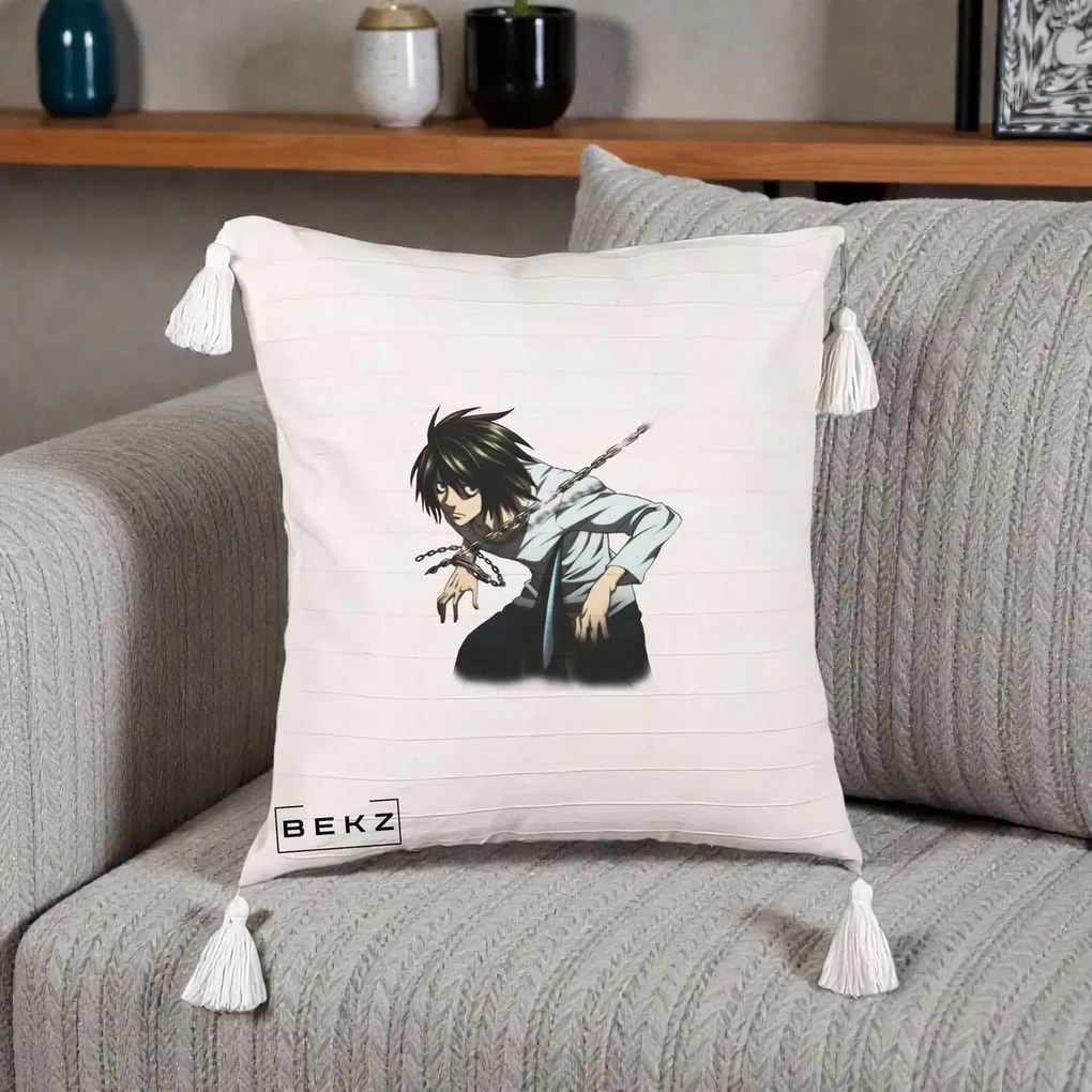 Perna Personalizata Death Note L Lawliet Lanturi, 40x40 cm, Bej cu Franjuri, Husa Detasabila, Perna Inclusa, BEKZ®