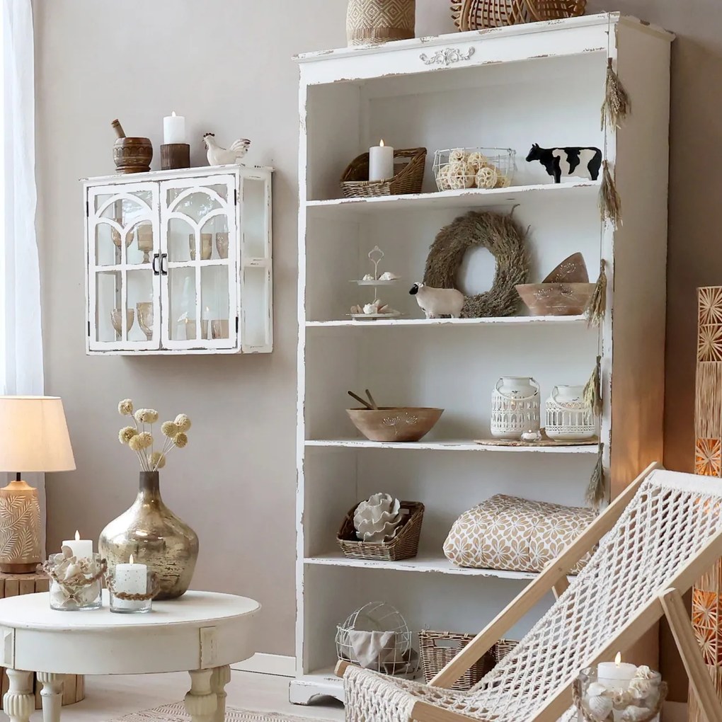 Bibliotecă shabby chic din lemn cu finisaj antichizat crem, 5 rafturi, 106×39×200 cm, „Violette"