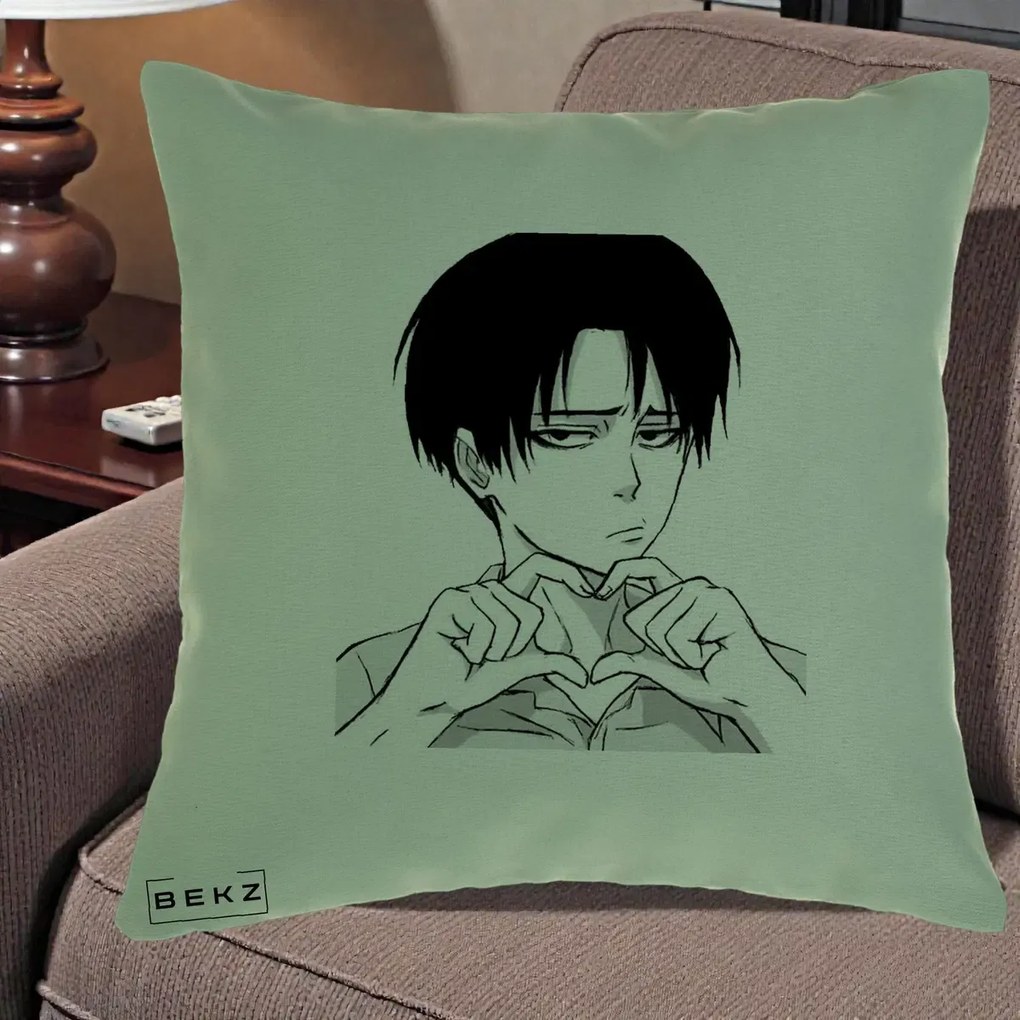 Perna Personalizata Levi Ackerman Inima, 40x40 cm, Verde, Husa Detasabila, Perna Inclusa, BEKZ®